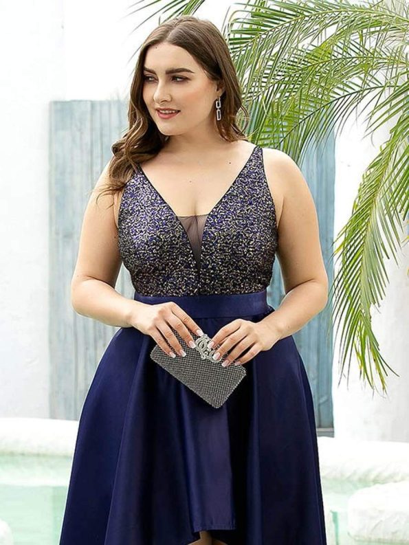 High Low Sleeveless Plus Size Dresses With Sequin for Evening - Navy Blue