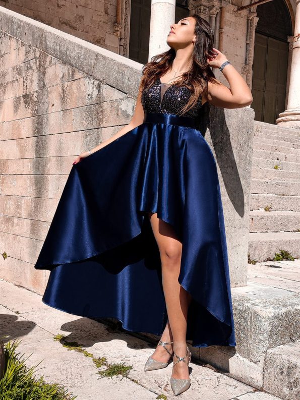 Sparkly Bodice High Low Prom Dresses for Women - Navy Blue