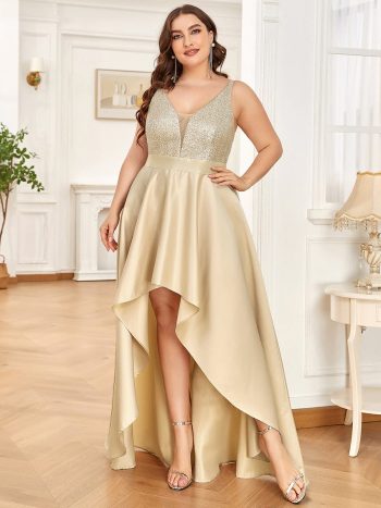 High Low Sleeveless Plus Size Dresses With Sequin for Evening - Rose Gold