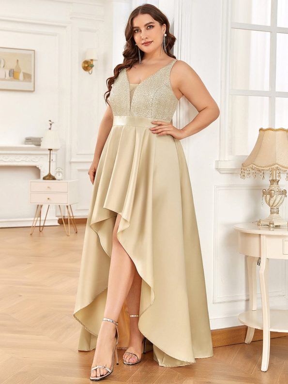 High Low Sleeveless Plus Size Dresses With Sequin for Evening - Rose Gold