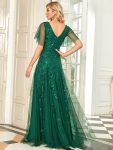 Shimmery V Neck Ruffle Sleeves Sequin Maxi Long Evening Dress – Dark Green