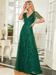 Shimmery V Neck Ruffle Sleeves Sequin Maxi Long Evening Dress – Dark Green