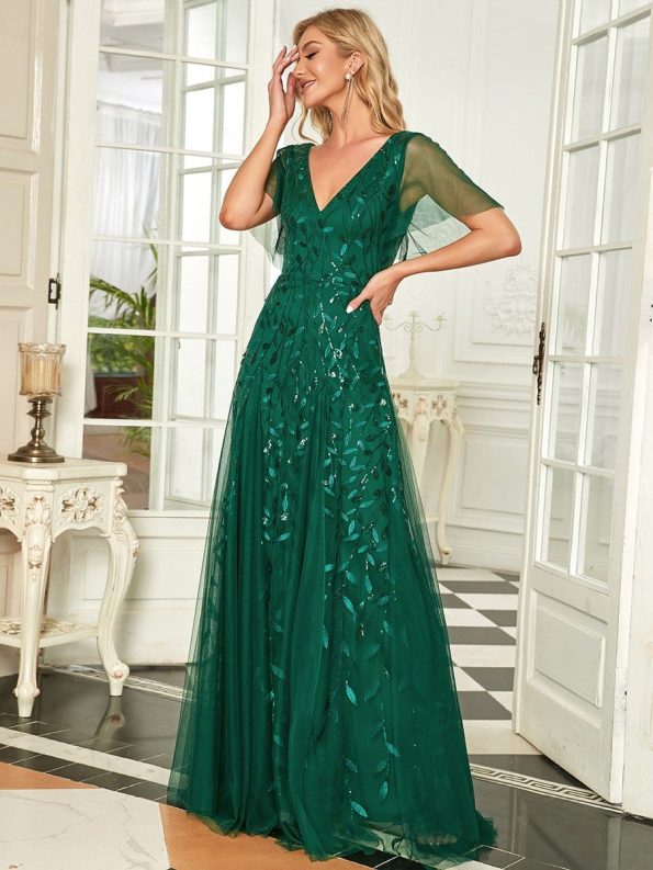 Shimmery V Neck Ruffle Sleeves Sequin Maxi Long Evening Dress - Dark Green