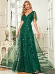 Shimmery V Neck Ruffle Sleeves Sequin Maxi Long Evening Dress – Dark Green