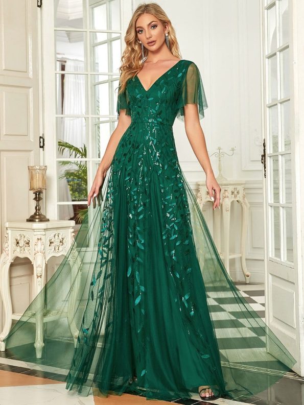 Shimmery V Neck Ruffle Sleeves Sequin Maxi Long Evening Dress - Dark Green