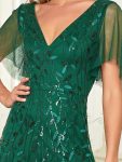 Shimmery V Neck Ruffle Sleeves Sequin Maxi Long Evening Dress – Dark Green