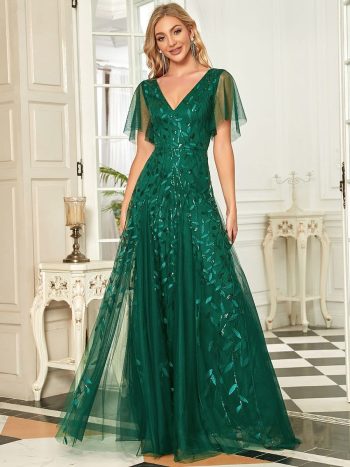 Shimmery V Neck Ruffle Sleeves Sequin Maxi Long Evening Dress - Dark Green