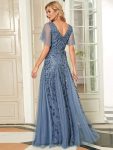 Shimmery V Neck Ruffle Sleeves Sequin Maxi Long Evening Dress – Dusty Navy