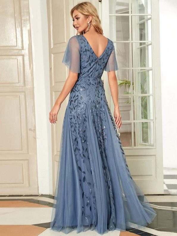 Shimmery V Neck Ruffle Sleeves Sequin Maxi Long Evening Dress - Dusty Navy