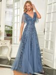 Shimmery V Neck Ruffle Sleeves Sequin Maxi Long Evening Dress – Dusty Navy