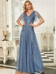 Shimmery V Neck Ruffle Sleeves Sequin Maxi Long Evening Dress – Dusty Navy