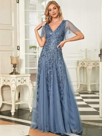 Shimmery V Neck Ruffle Sleeves Sequin Maxi Long Evening Dress - Dusty Navy