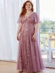 Shimmery V Neck Ruffle Sleeves Sequin Maxi Long Evening Dress – Purple Orchid