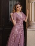 Shimmery V Neck Ruffle Sleeves Sequin Maxi Long Evening Dress – Purple Orchid