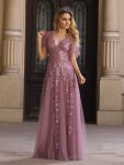 Shimmery V Neck Ruffle Sleeves Sequin Maxi Long Evening Dress – Purple Orchid