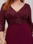 Plus Size V Neck A-Line Sequin Formal Evening Dress with Sleeve – Burgundy