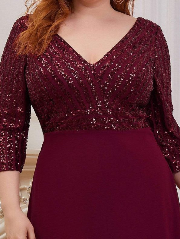 Plus Size V Neck A-Line Sequin Formal Evening Dress with Sleeve - Burgundy