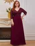 Plus Size V Neck A-Line Sequin Formal Evening Dress with Sleeve – Burgundy