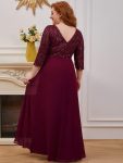 Plus Size V Neck A-Line Sequin Formal Evening Dress with Sleeve – Burgundy