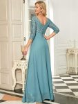 Sexy V Neck Sequin Evening Dresses with 3/4 Sleeve – Dusty Blue