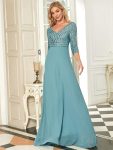 Sexy V Neck Sequin Evening Dresses with 3/4 Sleeve – Dusty Blue