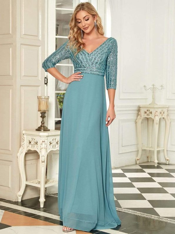 Sexy V Neck Sequin Evening Dresses with 3/4 Sleeve - Dusty Blue