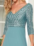 Sexy V Neck Sequin Evening Dresses with 3/4 Sleeve – Dusty Blue