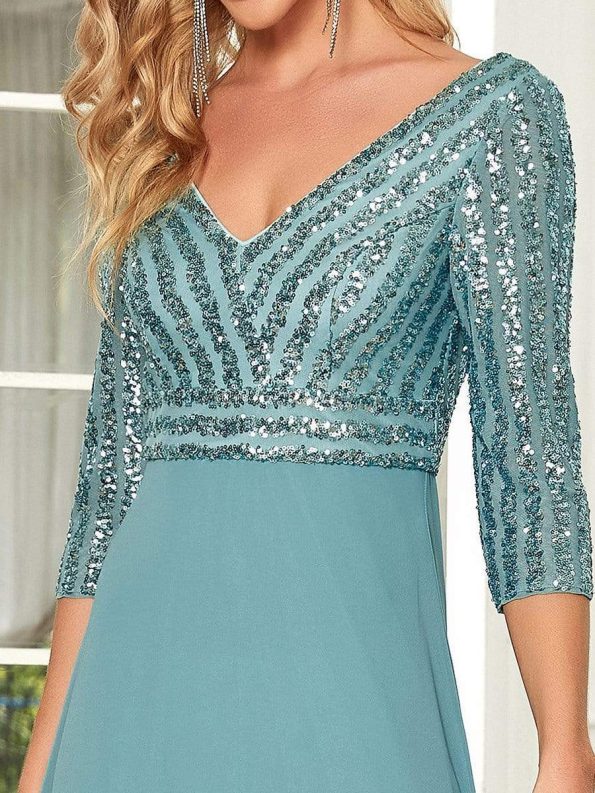 Sexy V Neck Sequin Evening Dresses with 3/4 Sleeve - Dusty Blue