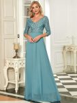 Sexy V Neck Sequin Evening Dresses with 3/4 Sleeve - Dusty Blue