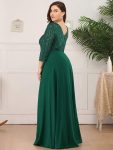 Plus Size V Neck A-Line Sequin Formal Evening Dress with Sleeve – Dark Green