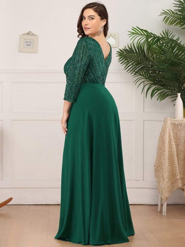 Plus Size V Neck A-Line Sequin Formal Evening Dress with Sleeve - Dark Green