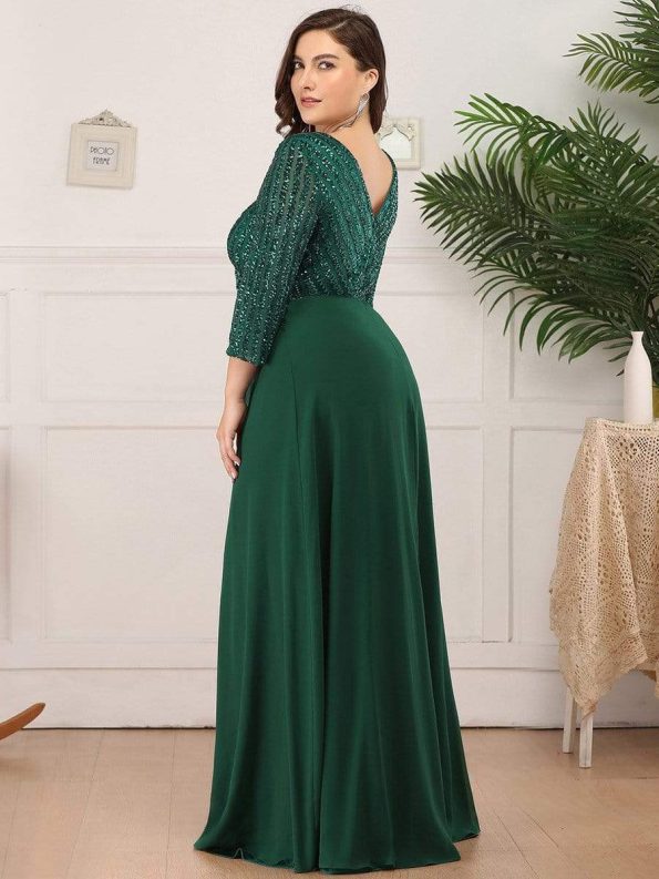 Sexy V Neck Sequin Evening Dresses with 3/4 Sleeve - Dark Green