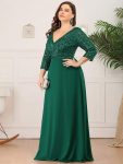 Plus Size V Neck A-Line Sequin Formal Evening Dress with Sleeve – Dark Green