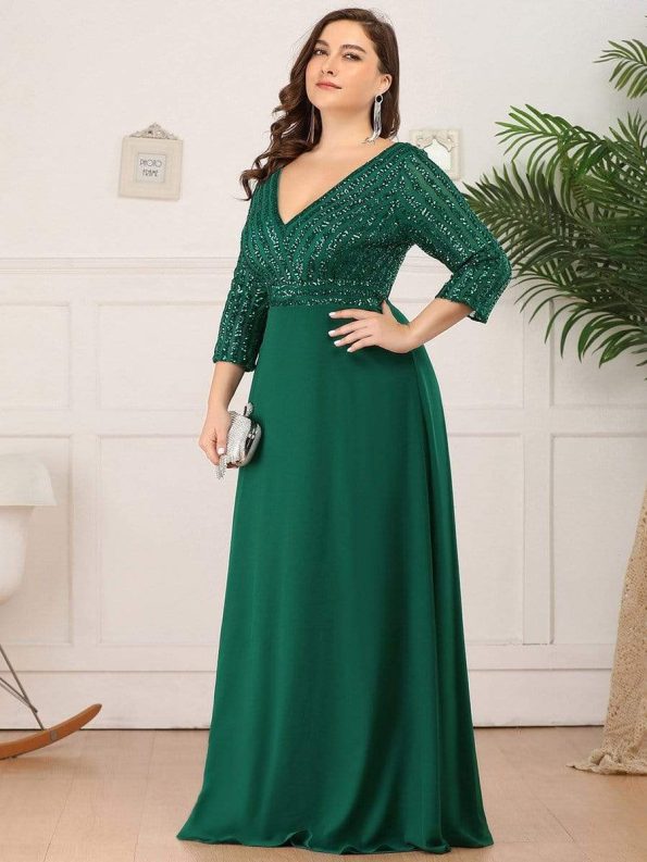 Plus Size V Neck A-Line Sequin Formal Evening Dress with Sleeve - Dark Green