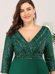 Plus Size V Neck A-Line Sequin Formal Evening Dress with Sleeve – Dark Green