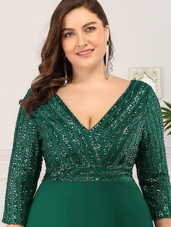 Plus Size V Neck A-Line Sequin Formal Evening Dress with Sleeve - Dark Green