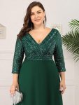 Sexy V Neck Sequin Evening Dresses with 3/4 Sleeve – Dark Green