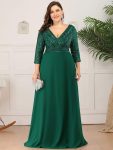 Plus Size V Neck A-Line Sequin Formal Evening Dress with Sleeve – Dark Green