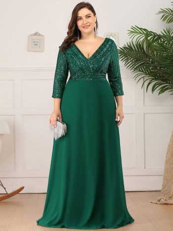 Plus Size V Neck A-Line Sequin Formal Evening Dress with Sleeve - Dark Green