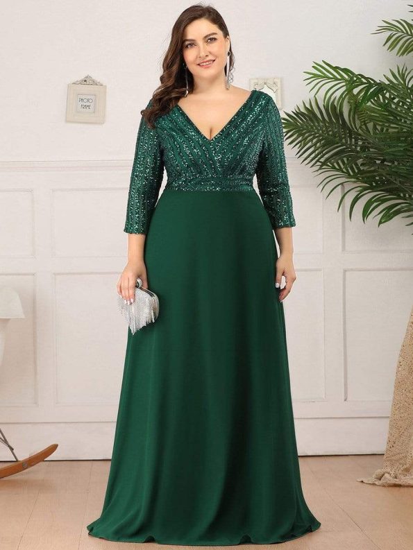 Sexy V Neck Sequin Evening Dresses with 3/4 Sleeve - Dark Green