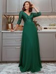 Sexy V Neck Sequin Evening Dresses with 3/4 Sleeve - Dark Green