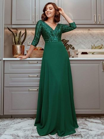 Sexy V Neck Sequin Evening Dresses with 3/4 Sleeve - Dark Green