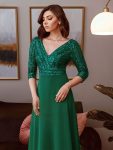 Sexy V Neck Sequin Evening Dresses with 3/4 Sleeve – Dark Green