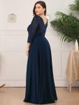 Plus Size V Neck A-Line Sequin Formal Evening Dress with Sleeve – Navy Blue