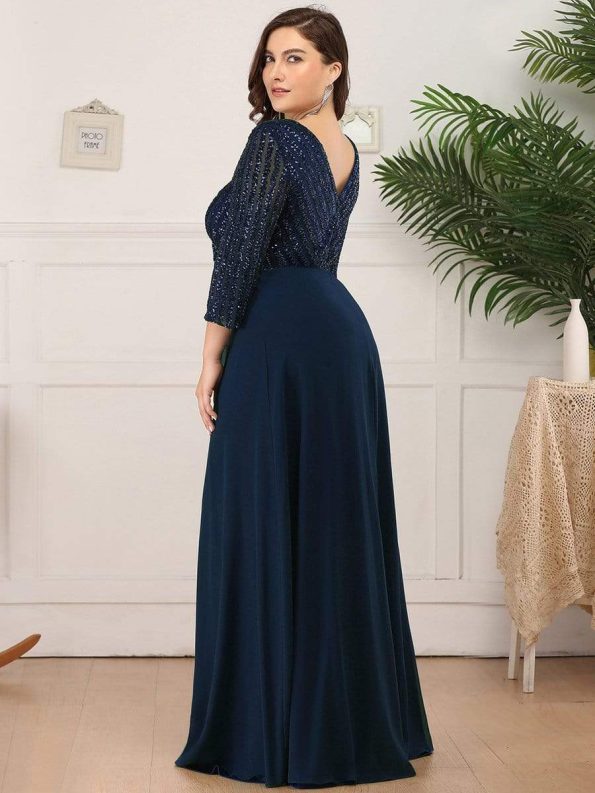 Plus Size V Neck A-Line Sequin Formal Evening Dress with Sleeve - Navy Blue