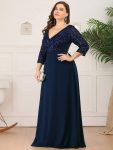 Plus Size V Neck A-Line Sequin Formal Evening Dress with Sleeve – Navy Blue