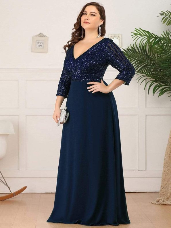 Plus Size V Neck A-Line Sequin Formal Evening Dress with Sleeve - Navy Blue