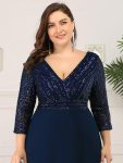 Plus Size V Neck A-Line Sequin Formal Evening Dress with Sleeve – Navy Blue