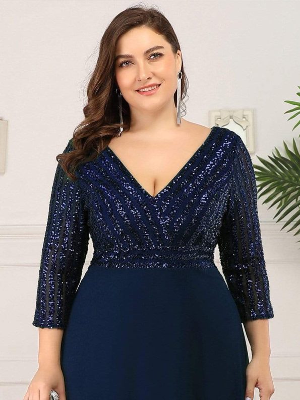 Plus Size V Neck A-Line Sequin Formal Evening Dress with Sleeve - Navy Blue