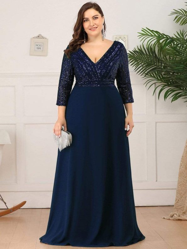 Sexy V Neck Sequin Evening Dresses with 3/4 Sleeve - Navy Blue